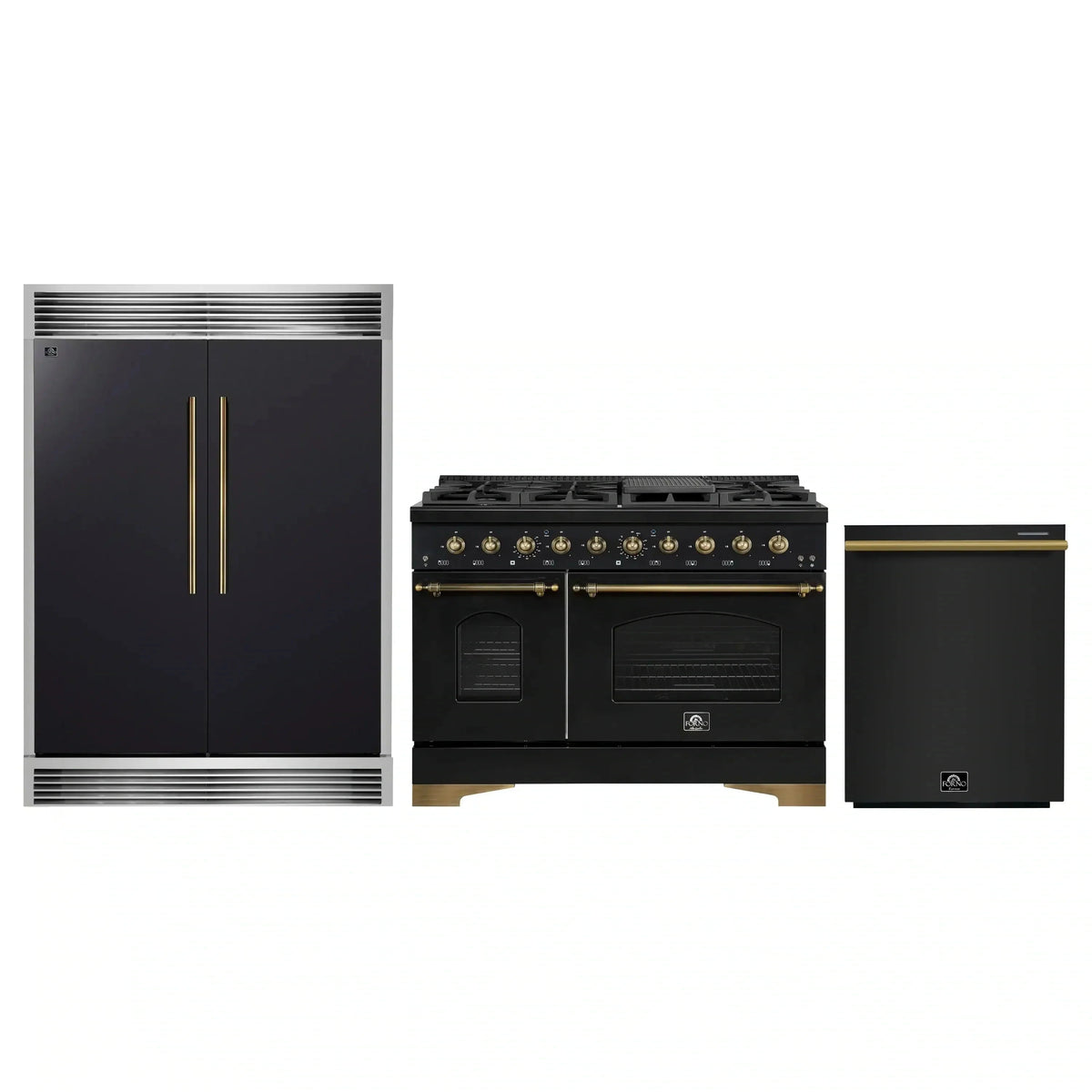 Forno 3-Piece Appliance Package: 48-Inch Gas Range, 60-Inch Modern Grille Trim Refrigerator, Dishwasher, Black with Antique Brass Trim