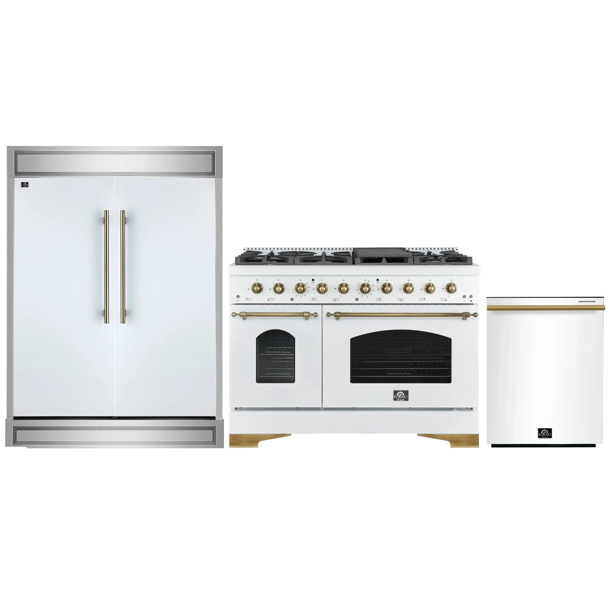 Forno 3-Piece Appliance Package: Antico 48-Inch Gas Range, 60-Inch Refrigerator, Dishwasher, White with Antique Brass Trim
