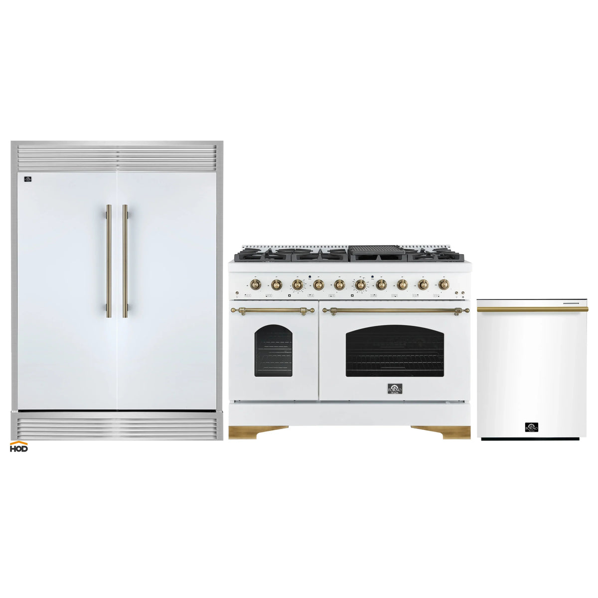Forno 3-Piece Appliance Package - 48-Inch Antico Gas Range, 60-Inch Refrigerator, Dishwasher in White with Antique Brass Trim