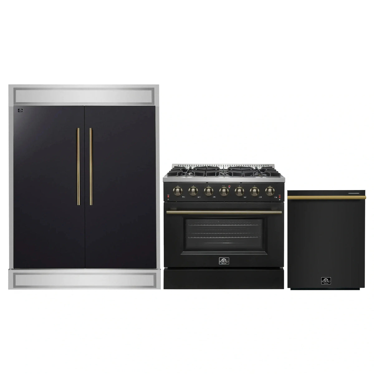 Forno 3-Piece Appliance Package: Galiano 36-Inch Gas Range, 60-Inch Modern Trim Refrigerator, Dishwasher, Black with Antique Brass Trim