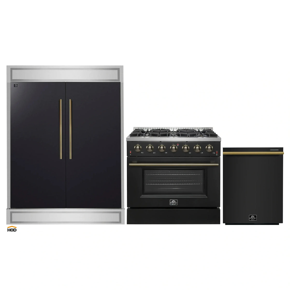Forno 3-Piece Appliance Package - 36-Inch Gas Range, 60-Inch Convertible Refrigerator with Modern Trim, and Dishwasher in Black with Antique Brass Trim