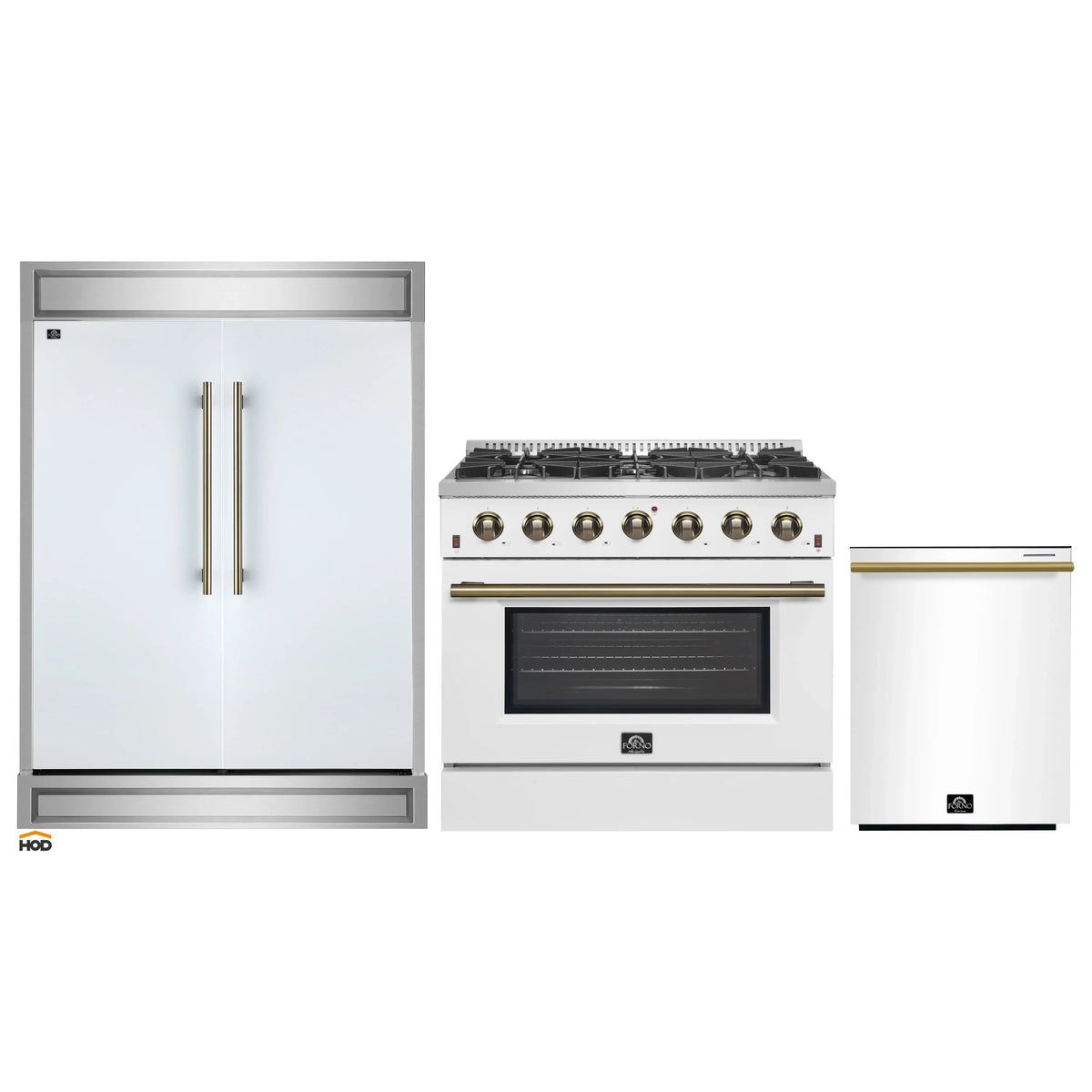 Forno 3-Piece Appliance Package - 36-Inch Gas Range, 60-Inch Refrigerator, Dishwasher in White with Antique Brass Trim
