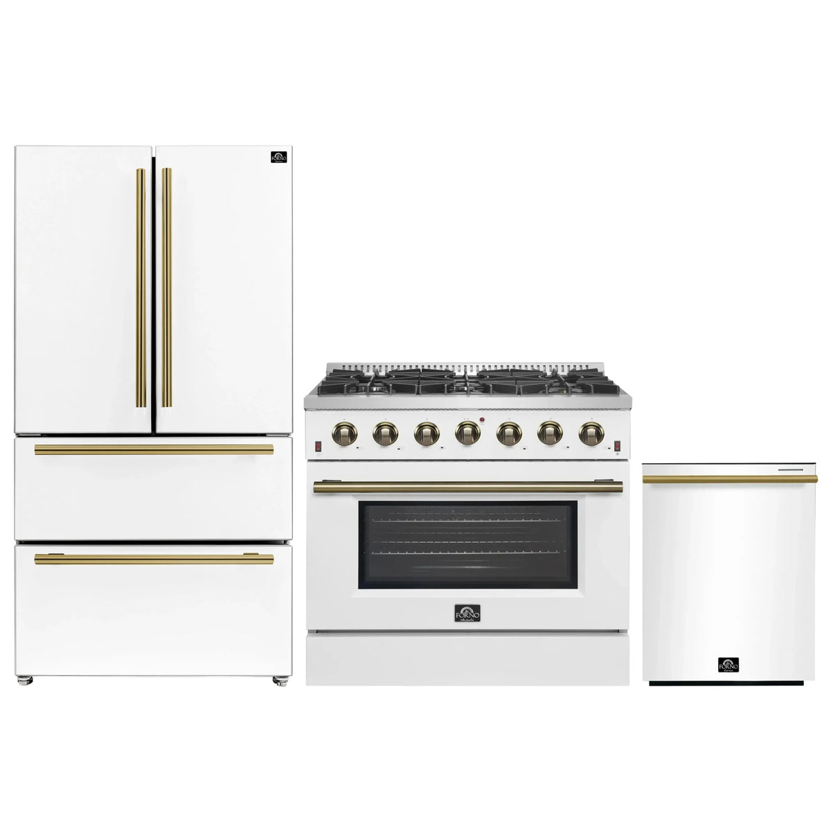 Forno Galiano 3-Piece Appliance Package - 36-Inch Gas Range, 36-Inch Refrigerator, & 24-Inch Dishwasher in White with Antique Brass Trim