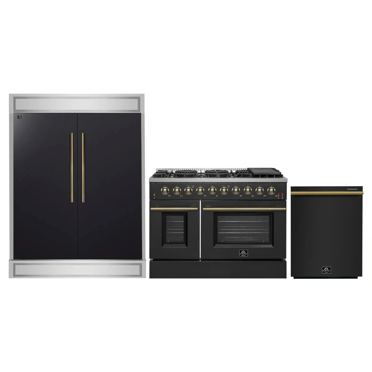 Forno 3-Piece Appliance Package: Galiano 48-Inch Gas Range, 60-Inch Modern Trim Refrigerator, Dishwasher, Black with Antique Brass Trim