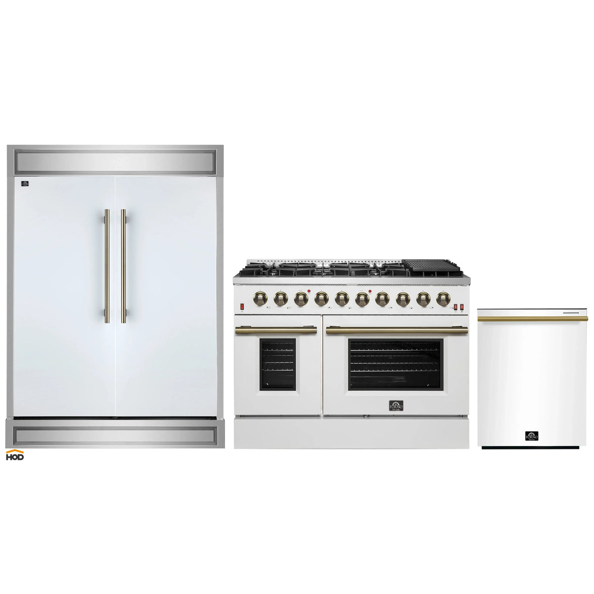 Forno 3-Piece Appliance Package - 48-Inch Gas Range, 60-Inch Refrigerator, Dishwasher in White with Antique Brass Trim