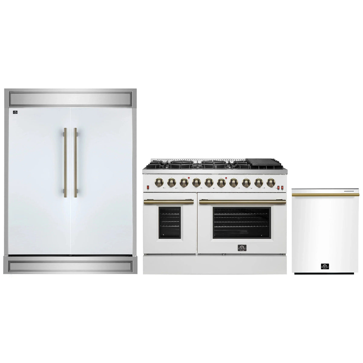 Forno 3-Piece Appliance Package: Galiano 48-Inch Gas Range, 60-Inch Refrigerator, Dishwasher, White with Antique Brass Trim