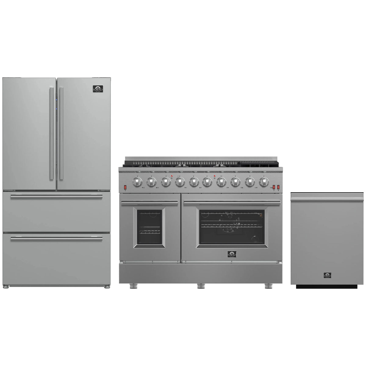 Forno 3-Piece Appliance Package - 48-Inch Gas Range, French Door Refrigerator, and Dishwasher in Stainless Steel
