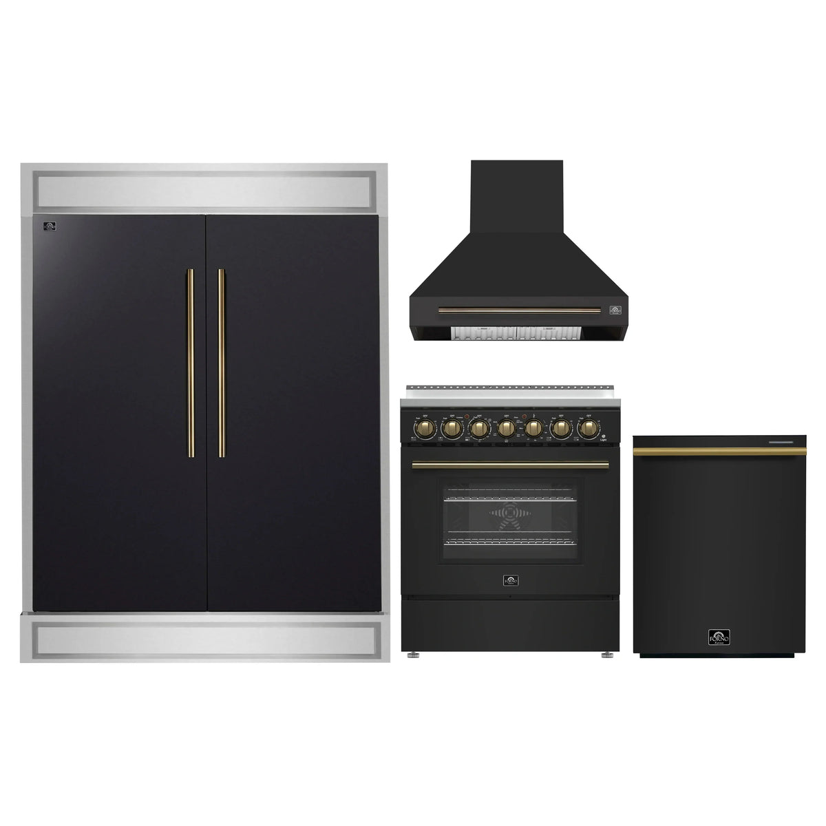 Forno 4-Piece Appliance Package - 30-Inch Electric Range, Wall Mount Range Hood, 60-Inch Refrigerator, and Dishwasher in Black with Antique Brass Trim