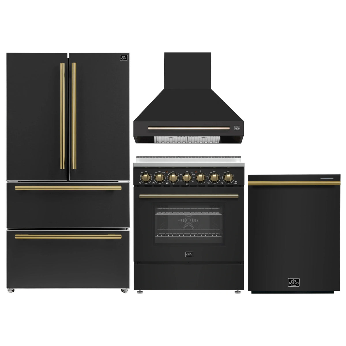 Forno 4-Piece Appliance Package - 30-Inch Electric Range, Wall Mount Range Hood, 36-Inch Refrigerator, and Dishwasher in Black with Antique Brass Trim