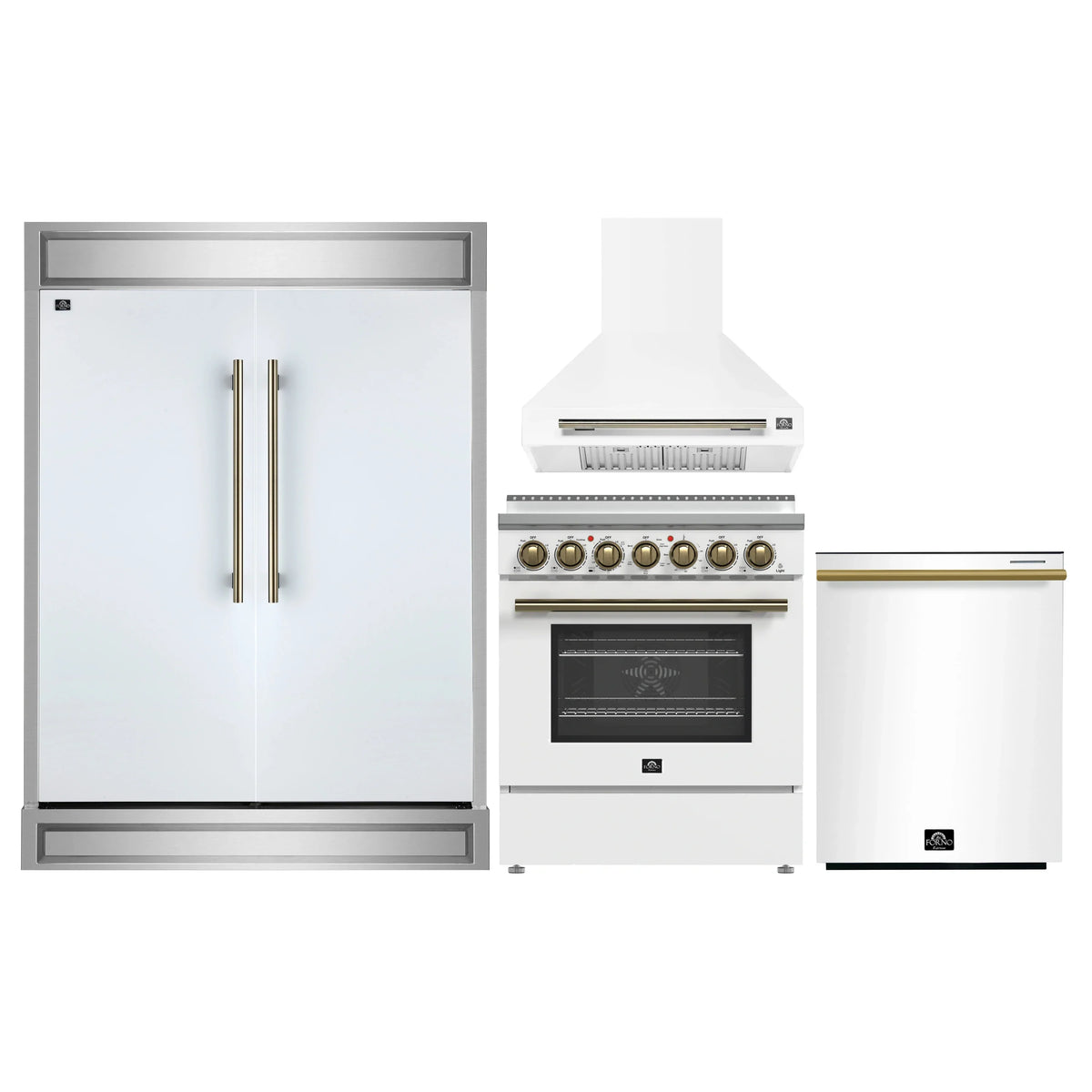 Forno 4-Piece Appliance Package - 30-Inch Electric Range, Wall Mount Range Hood, 60-Inch Refrigerator, and Dishwasher in White with Antique Brass Trim