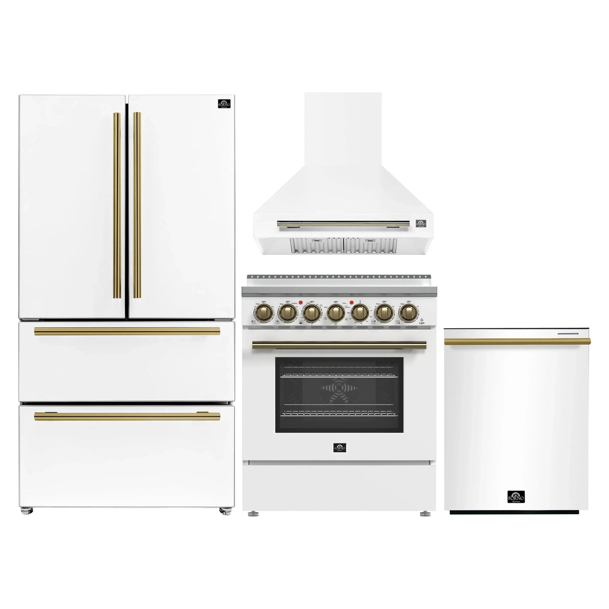 Forno 4-Piece Appliance Package - 30-Inch Electric Range, Wall Mount Range Hood, 36-Inch Refrigerator, and Dishwasher in White with Antique Brass Trim