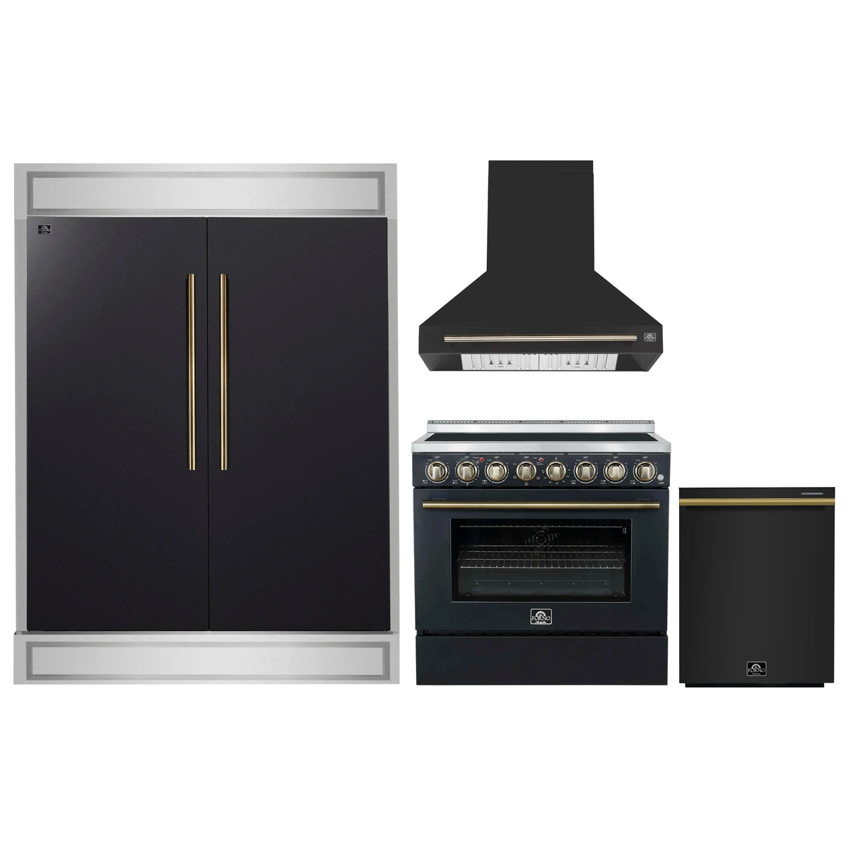Forno 4-Piece Appliance Package - 36-Inch Electric Range, Wall Mount Range Hood, 60-Inch Refrigerator, and Dishwasher in Black with Antique Brass Trim