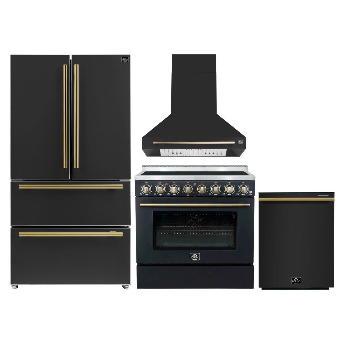 Forno 4-Piece Appliance Package - 36-Inch Electric Range, Wall Mount Range Hood, 36-Inch Refrigerator, and Dishwasher in Black with Antique Brass Trim