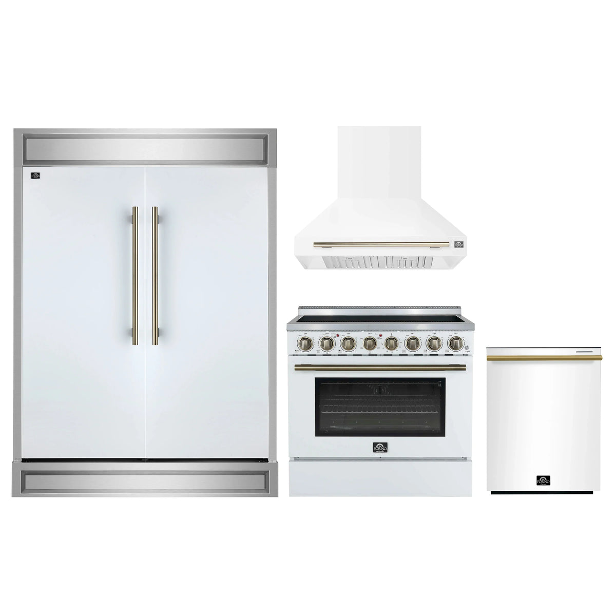 Forno 4-Piece Appliance Package - 36-Inch Electric Range, Wall Mount Range Hood, 60-Inch Refrigerator, and Dishwasher in White with Antique Brass Trim