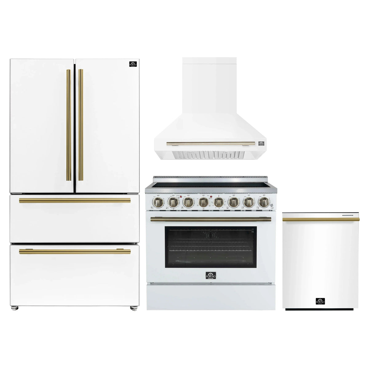 Forno 4-Piece Appliance Package - 36-Inch Electric Range, Wall Mount Range Hood, 36-Inch Refrigerator, and Dishwasher in White with Antique Brass Trim