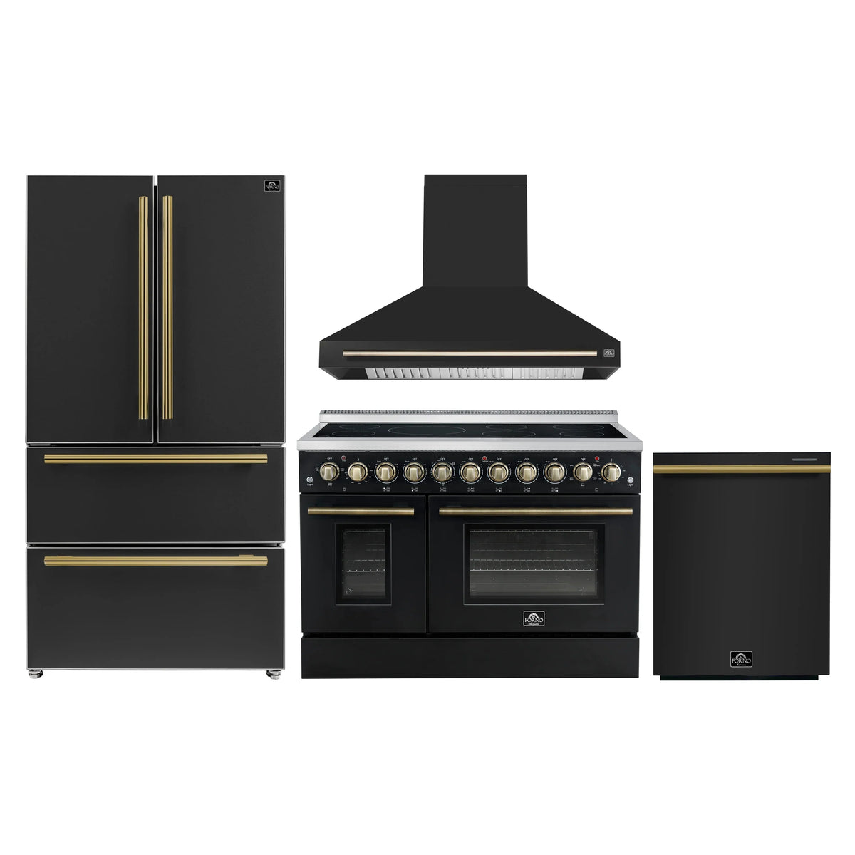 Forno 4-Piece Appliance Package - 48-Inch Electric Range, Wall Mount Range Hood, 36-Inch Refrigerator, and Dishwasher in Black with Antique Brass Trim