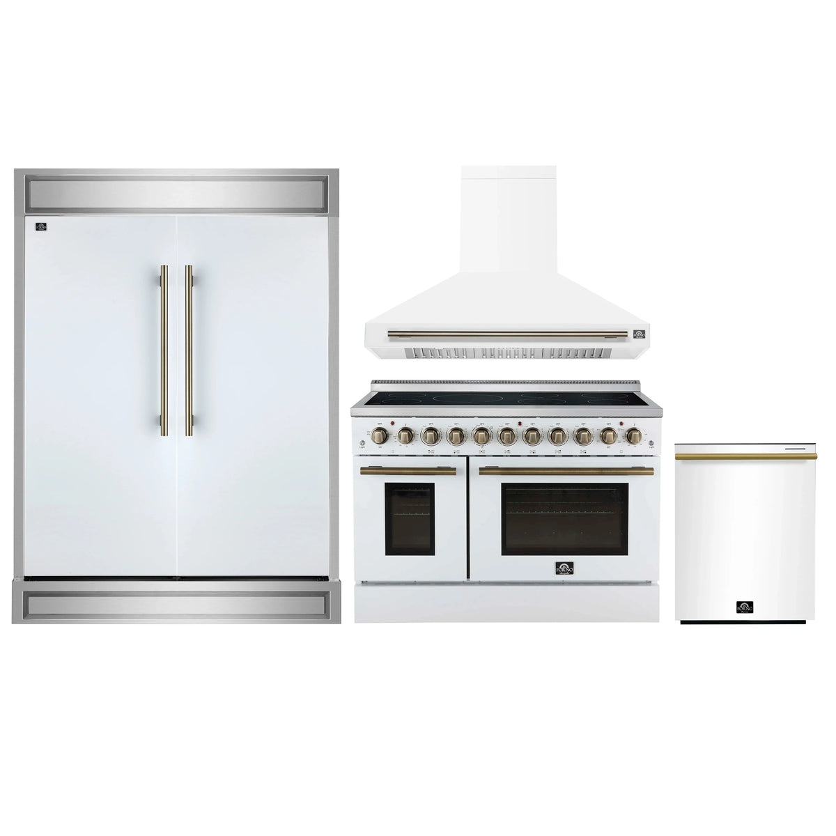 Forno 4-Piece Appliance Package - 48-Inch Electric Range, Wall Mount Range Hood, 60-Inch Refrigerator, and Dishwasher in White with Antique Brass Trim