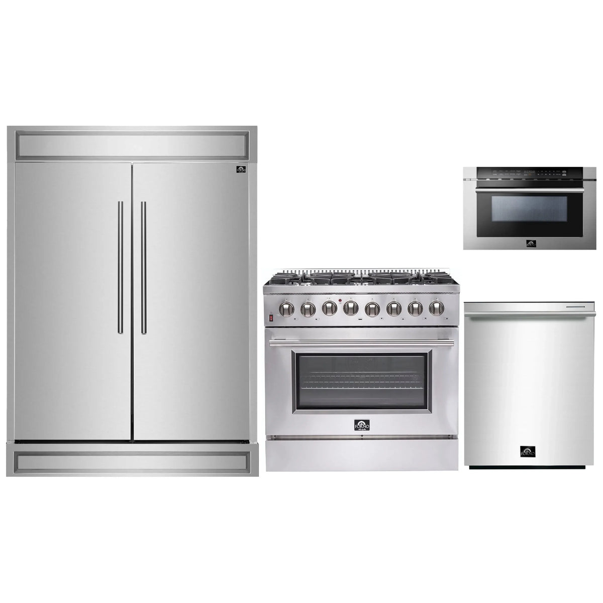 Forno 4-Piece Appliance Package - 36-Inch Dual Fuel Range, 60-Inch Pro-Style Refrigerator, 24-Inch Microwave Drawer, & 3-Rack Dishwasher in Stainless Steel