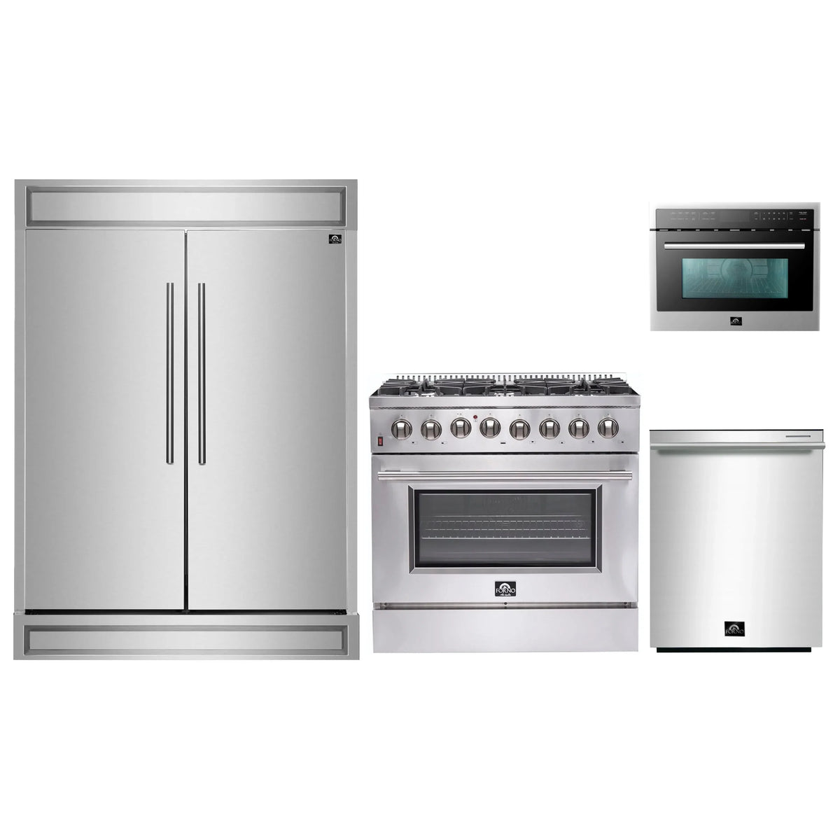 Forno 4-Piece Appliance Package - 36-Inch Dual Fuel Range, 60-Inch Pro-Style Refrigerator, 24-Inch Microwave Oven, & 3-Rack Dishwasher in Stainless Steel