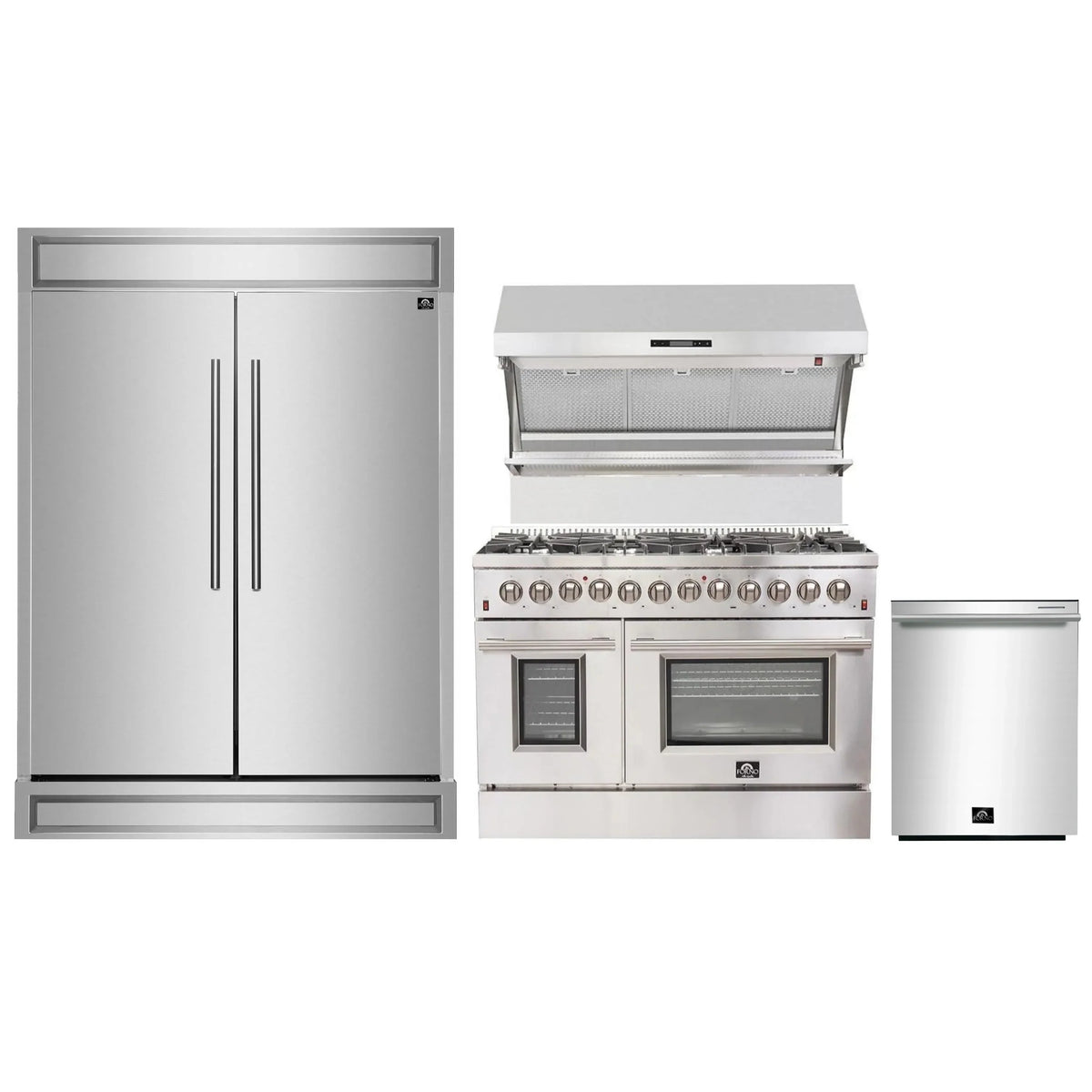 Forno 4-Piece Appliance Package - 48-Inch Dual Fuel Range, 60-Inch Pro-Style Refrigerator, Wall Mount Hood with Backsplash, & 3-Rack Dishwasher in Stainless Steel