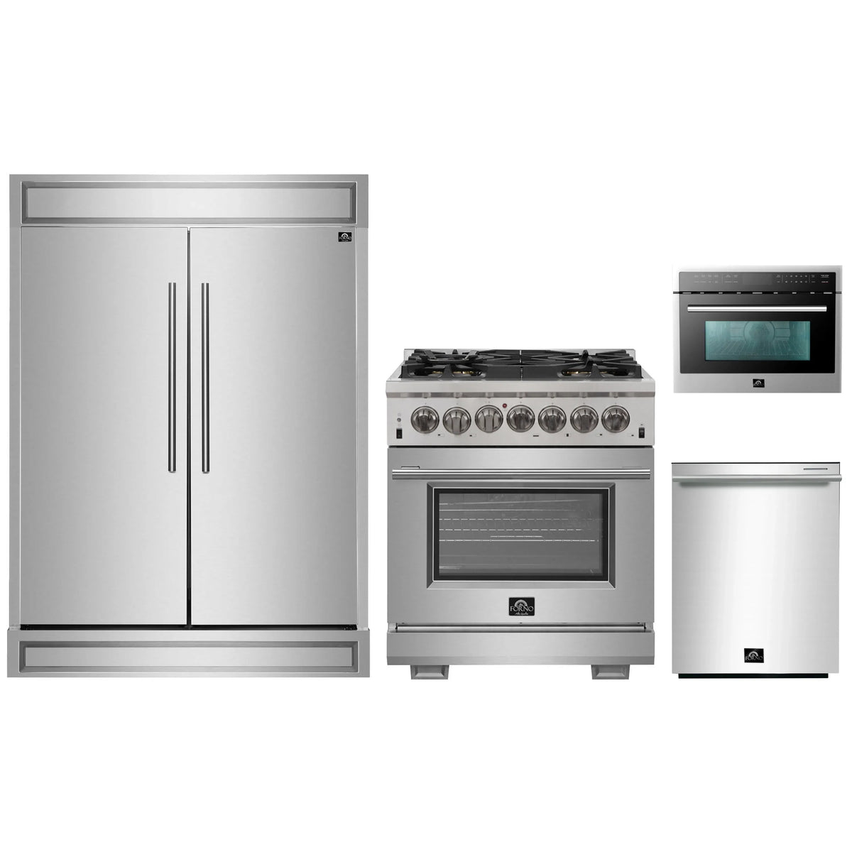 Forno 4-Piece Pro Appliance Package - 30-Inch Dual Fuel Range, 60-Inch Pro-Style Refrigerator, 24-Inch Microwave Oven, & 3-Rack Dishwasher in Stainless Steel