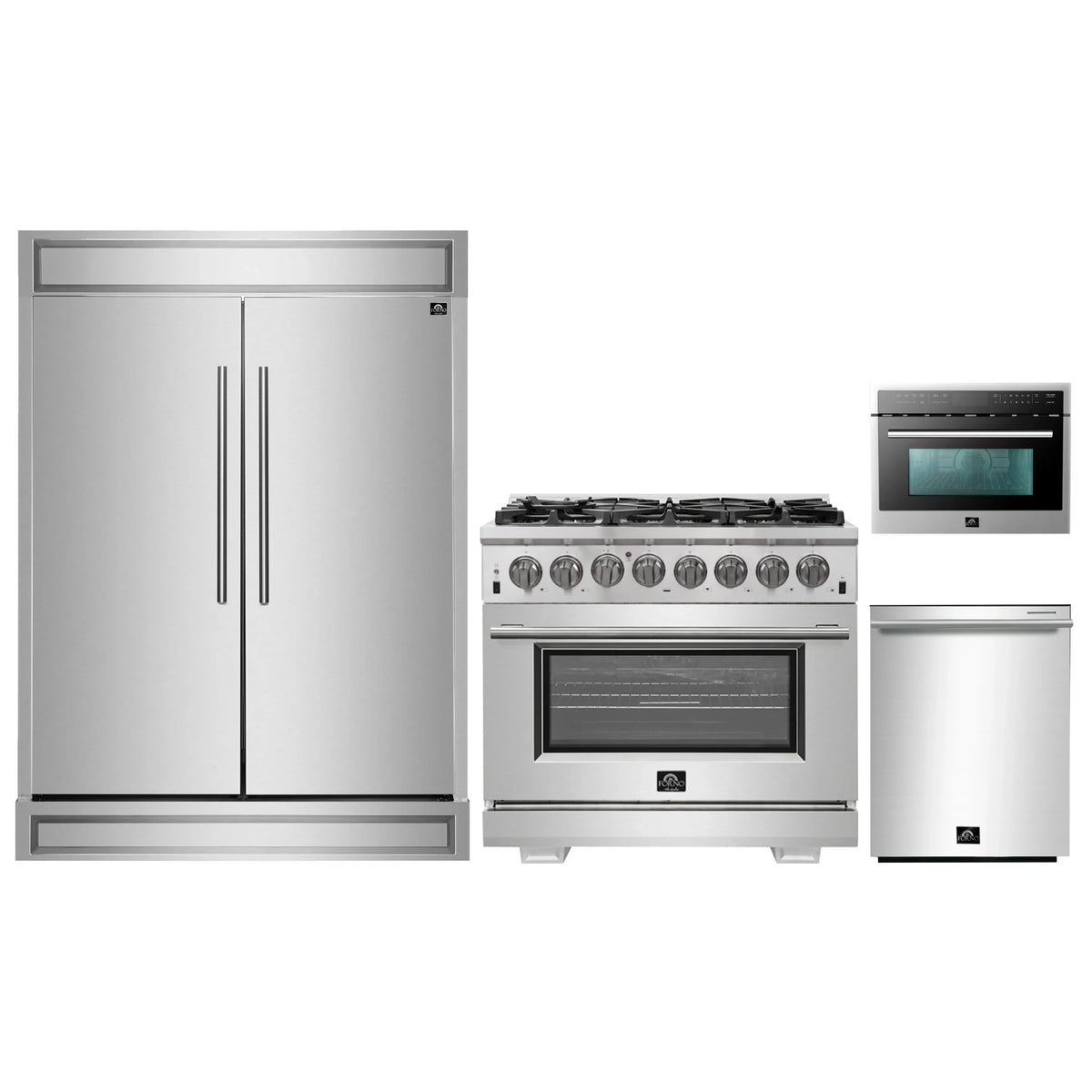 Forno 4-Piece Pro Appliance Package - 36-Inch Dual Fuel Range, 60-Inch Pro-Style Refrigerator, 24-Inch Microwave Oven, & 3-Rack Dishwasher in Stainless Steel