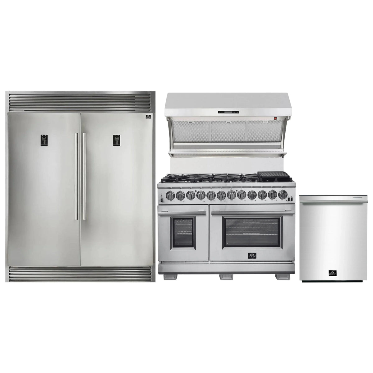 Forno 4-Piece Pro Appliance Package - 48-Inch Dual Fuel Range, 60-Inch Pro-Style Refrigerator, Wall Mount Hood with Backsplash, & Dishwasher in Stainless Steel