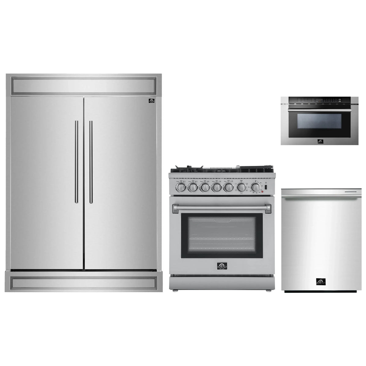 Forno 4-Piece Appliance Package - 30-Inch Dual Fuel Range with Air Fryer, 60-Inch Pro-Style Refrigerator, 24-Inch Microwave Drawer, & 3-Rack Dishwasher in Stainless Steel