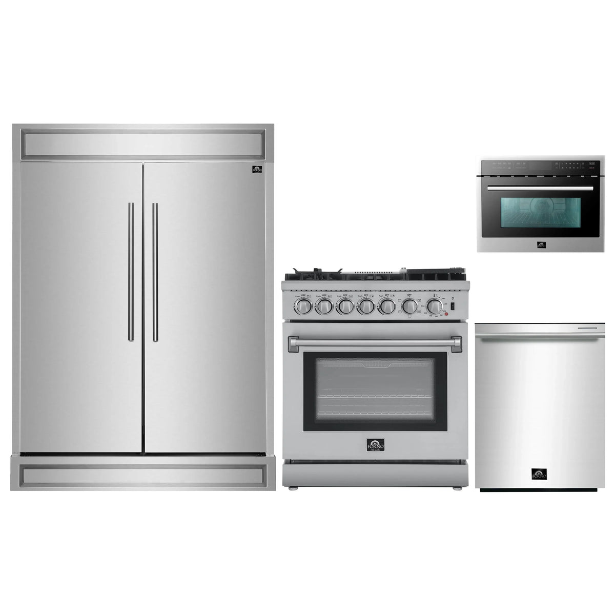 Forno 4-Piece Appliance Package - 30-Inch Dual Fuel Range with Air Fryer, 60-Inch Pro-Style Refrigerator, 24-Inch Microwave Oven, & 3-Rack Dishwasher in Stainless Steel