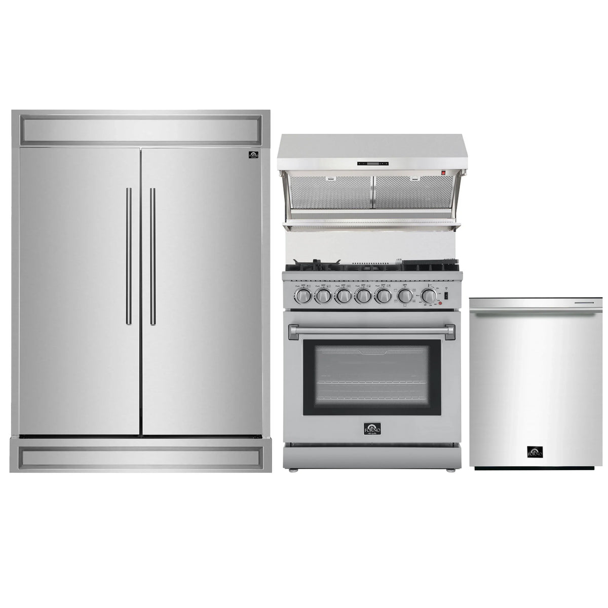 Forno 4-Piece Appliance Package - 30-Inch Dual Fuel Range with Air Fyer, 60-Inch Pro-Style Refrigerator, Wall Mount Hood with Backsplash, & 3-Rack Dishwasher in Stainless Steel