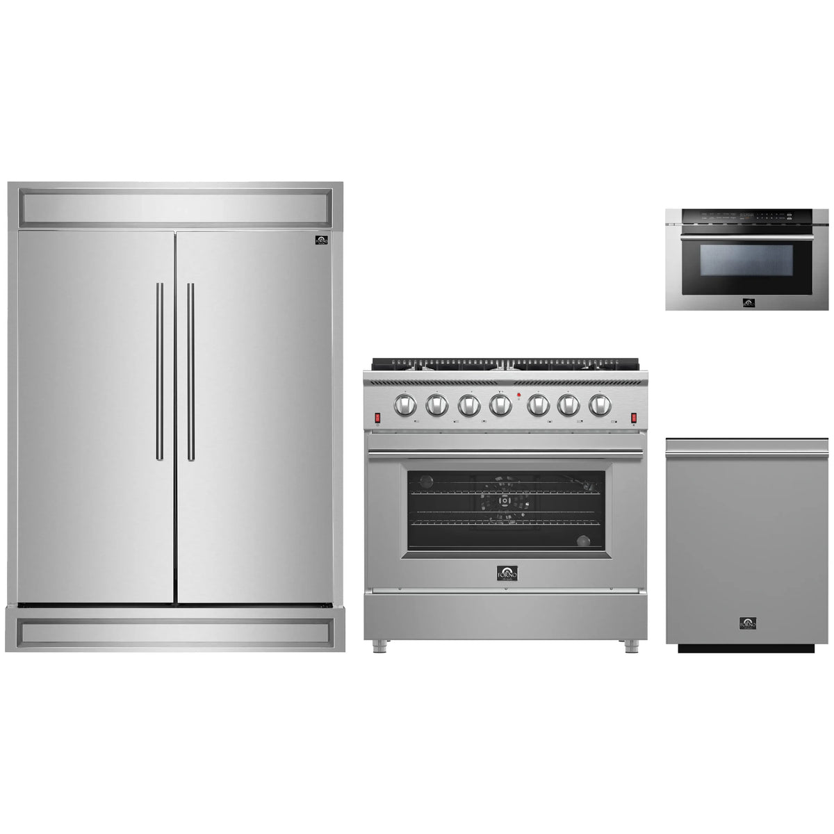 Forno 4-Piece Appliance Package - 36-Inch Gas Range, 60-Inch Pro-Style Refrigerator, 24-Inch Microwave Drawer, & 3-Rack Dishwasher in Stainless Steel