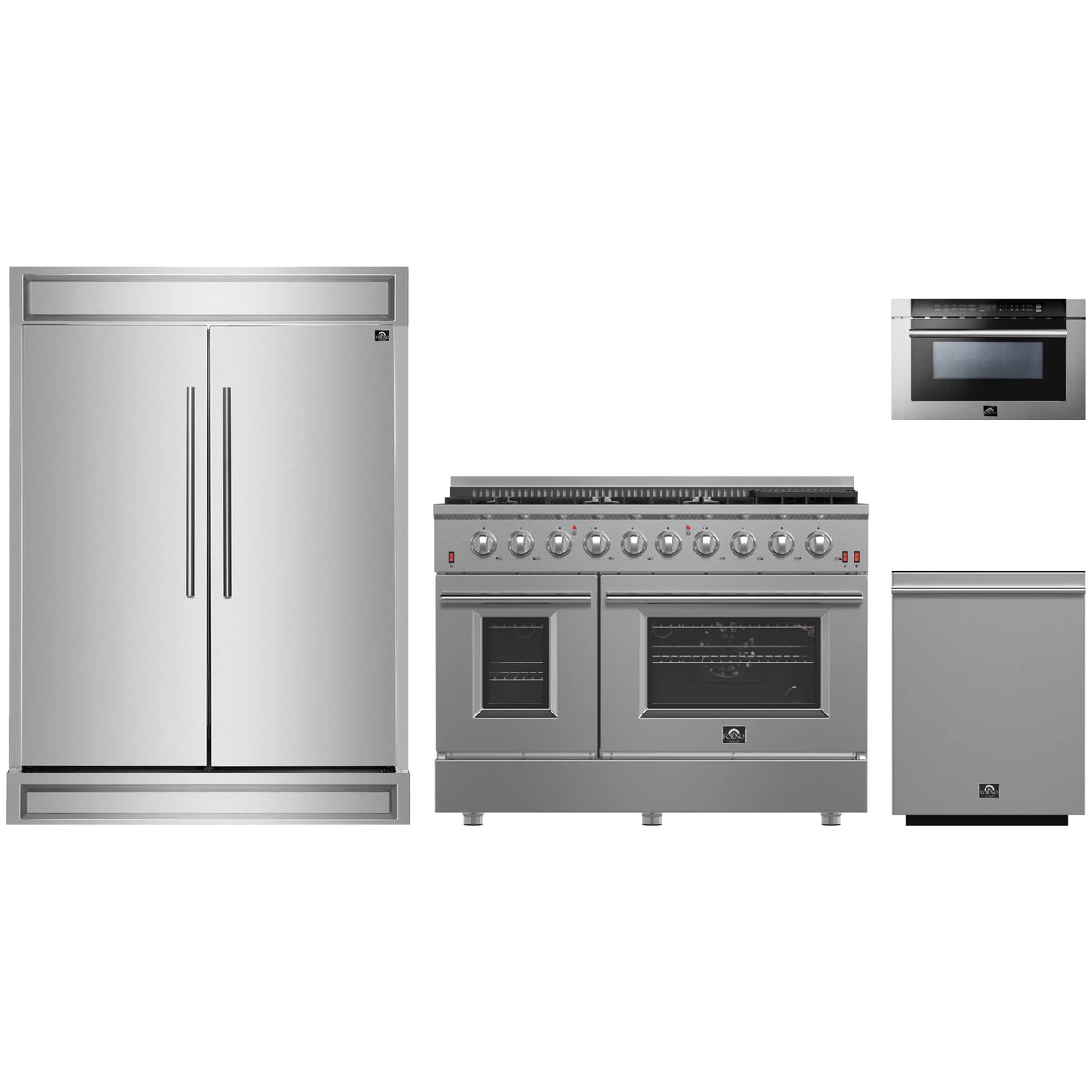 Forno 4-Piece Appliance Package - 48-Inch Gas Range, 60-Inch Pro-Style Refrigerator, 24-Inch Microwave Drawer, & 3-Rack Dishwasher in Stainless Steel