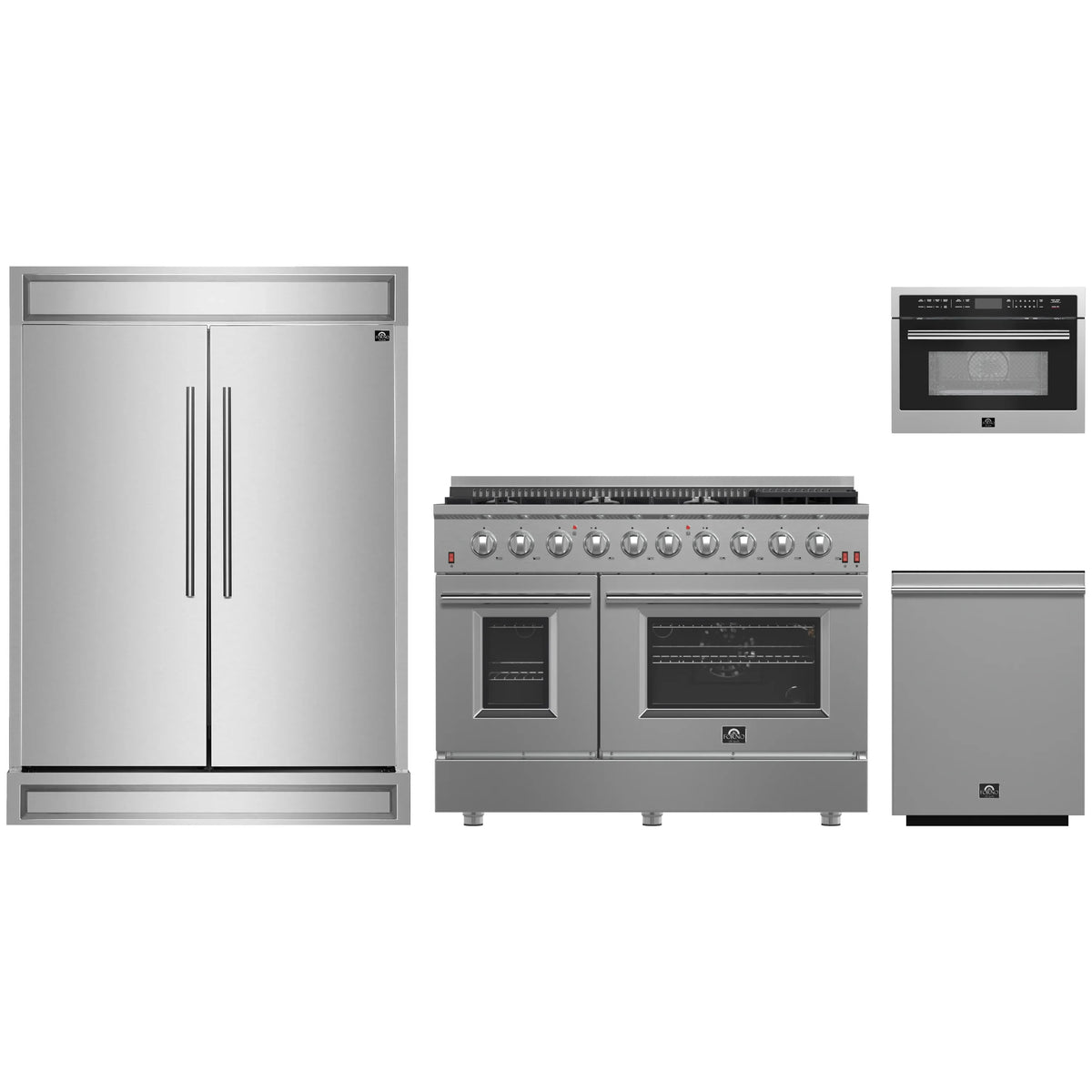 Forno 4-Piece Appliance Package - 48-Inch Gas Range, 60-Inch Pro-Style Refrigerator, 24-Inch Microwave Oven, & 3-Rack Dishwasher in Stainless Steel