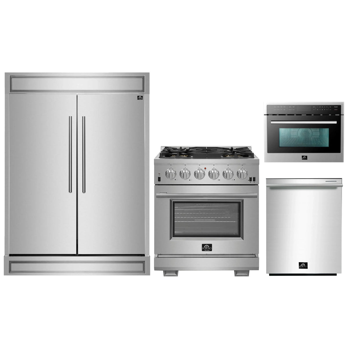 Forno 4-Piece Pro Appliance Package - 30-Inch Gas Range, 60-Inch Pro-Style Refrigerator, 24-Inch Microwave Oven, & 3-Rack Dishwasher in Stainless Steel