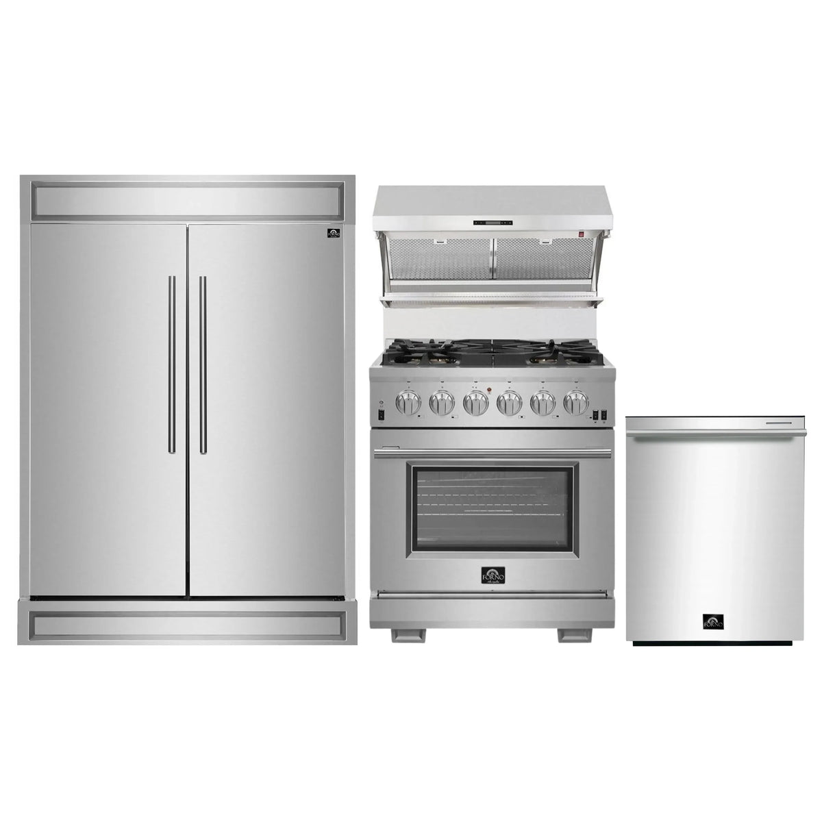 Forno 4-Piece Pro Appliance Package - 30-Inch Gas Range, 60-Inch Pro-Style Refrigerator, Wall Mount Hood with Backsplash, and Dishwasher in Stainless Steel