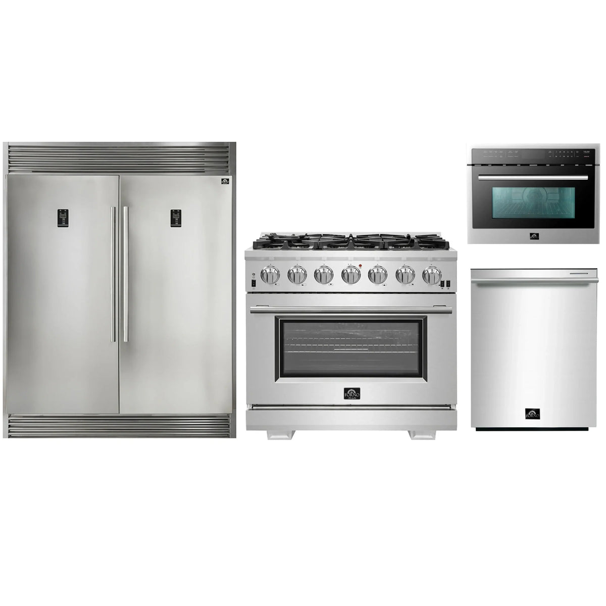 Forno 4-Piece Pro Appliance Package - 36-Inch Gas Range, 60-Inch Pro-Style Refrigerator, 24-Inch Microwave Oven, & 3-Rack Dishwasher in Stainless Steel