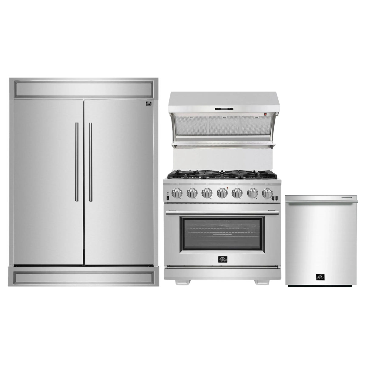 Forno 4-Piece Pro Appliance Package - 36-Inch Gas Range, Wall Mount Hood with Backsplash, 60-Inch Pro-Style Refrigerator, and Dishwasher in Stainless Steel