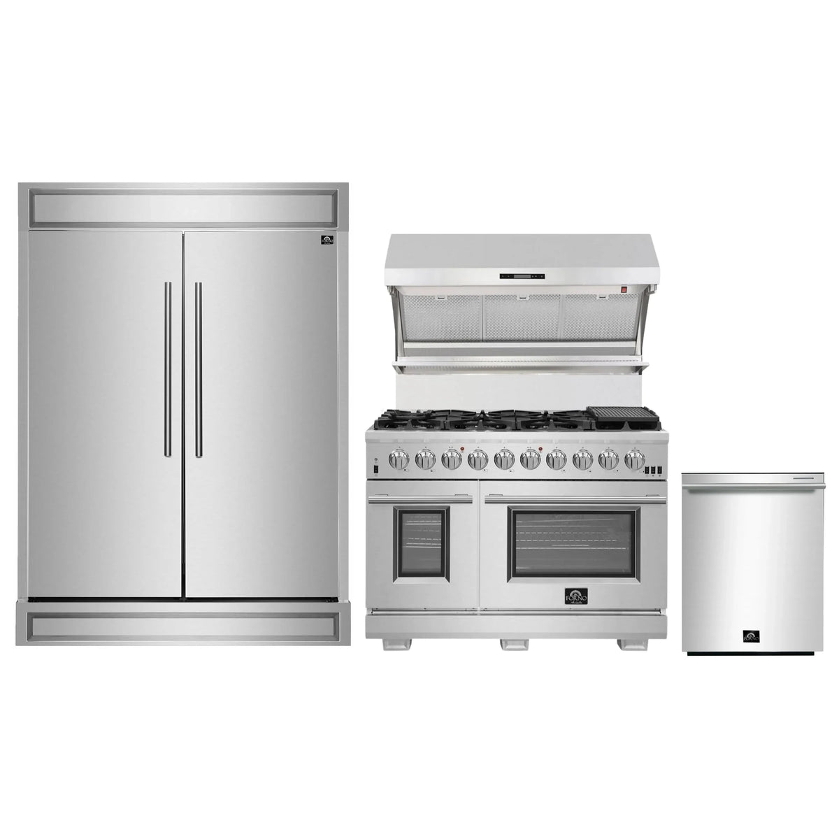 Forno 4-Piece Pro Appliance Package - 48-Inch Gas Range, Premium Hood, 60-Inch Pro-Style Refrigerator, and Dishwasher in Stainless Steel