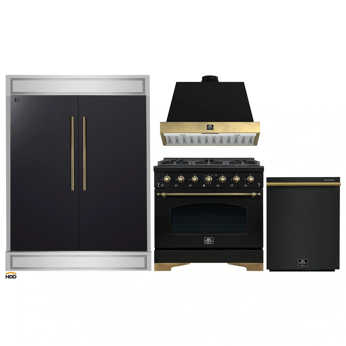 Forno 4-Piece Appliance Package - 36-Inch Dual Fuel Range, Wall Mount Range Hood, 60-Inch Convertible Refrigerator with Modern Trim, and Dishwasher in Black with Antique Brass Trim