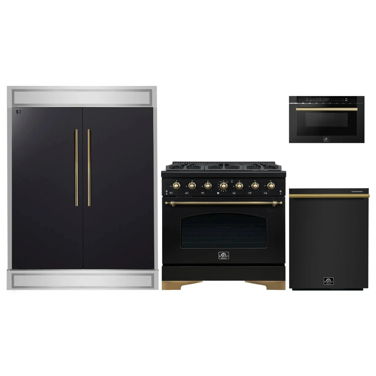 Forno 4-Piece Appliance Package: 36" Antico Dual Fuel Range, 24" Microwave Drawer, 60" Modern Trim Refrigerator, Dishwasher, Black with Brass Trim