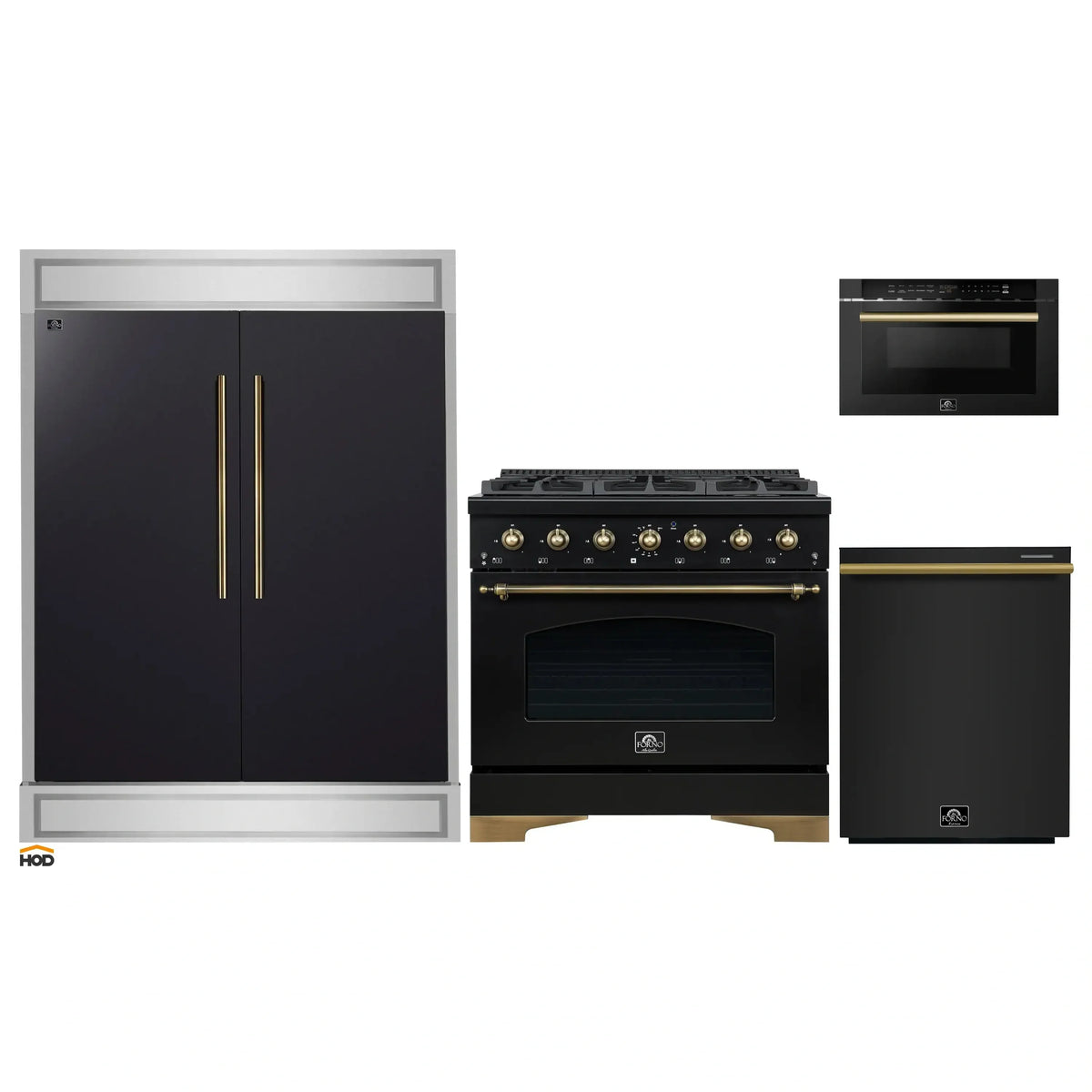 Forno 4-Piece Appliance Package - 36-Inch Dual Fuel Range, 60-Inch Convertible Refrigerator with Modern Trim, Dishwasher, and 24-Inch Microwave Drawer in Black with Antique Brass Trim