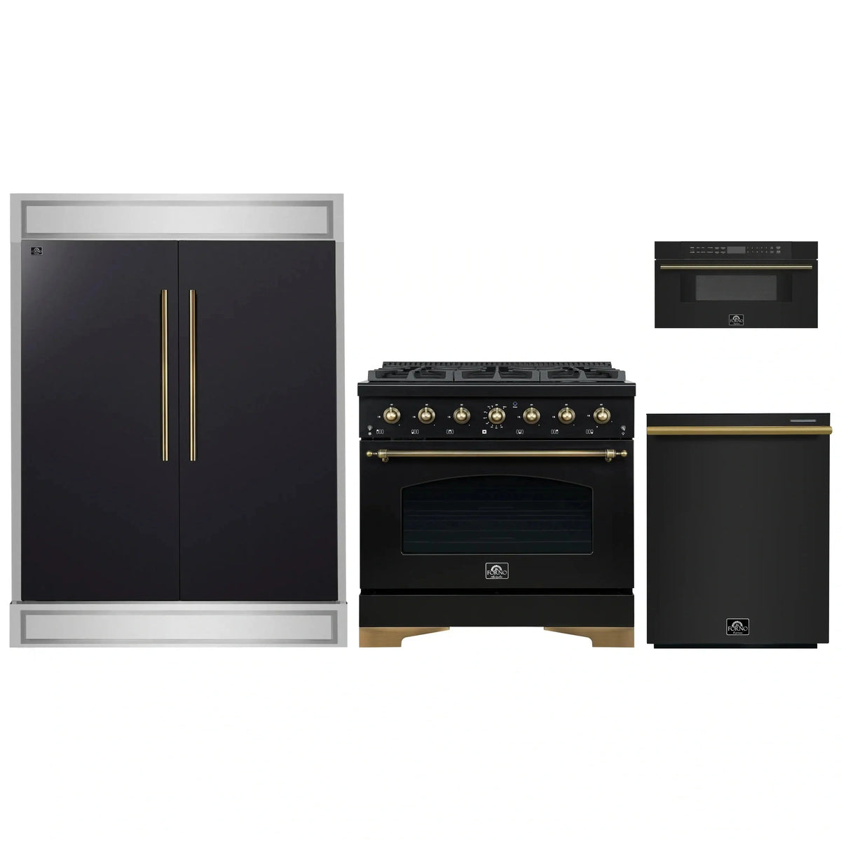 Forno 4-Piece Appliance Package: 36" Antico Dual Fuel Range, 30" Microwave Drawer, 60" Modern Trim Refrigerator, Dishwasher, Black with Brass Trim