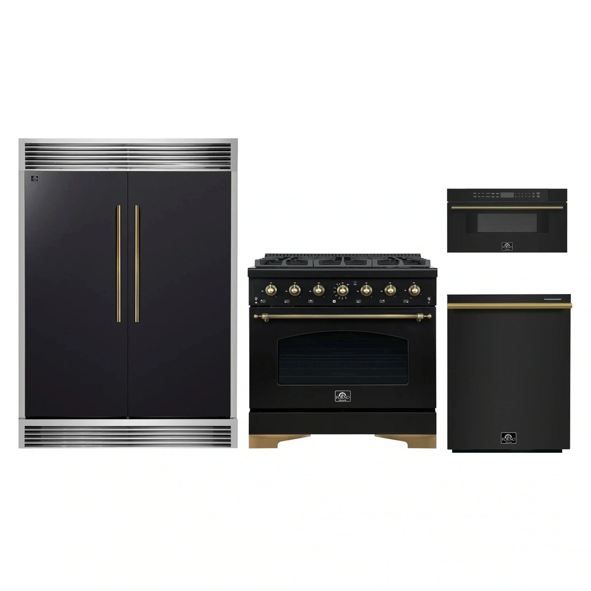 Forno 4-Piece Appliance Package: 36" Dual Fuel Range, 30" Microwave Drawer, 60" Grille Trim Refrigerator, Dishwasher, Black with Antique Brass Trim