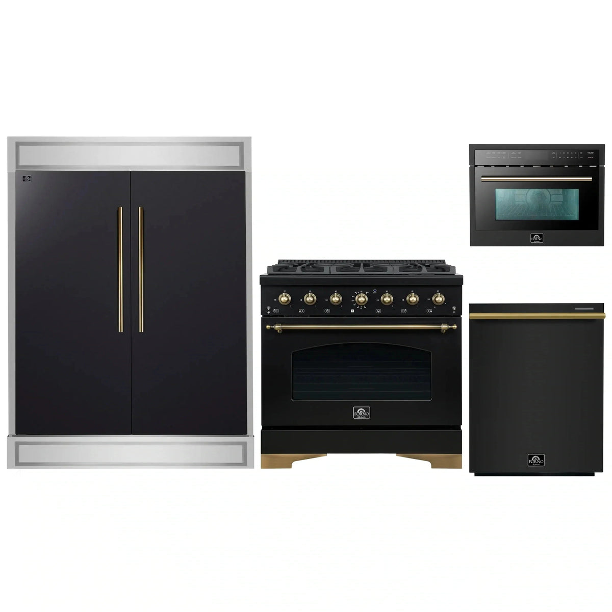 Forno 4-Piece Appliance Package: 36" Antico Dual Fuel Range, 24" Microwave Oven, 60" Modern Trim Refrigerator, Dishwasher, Black with Brass Trim