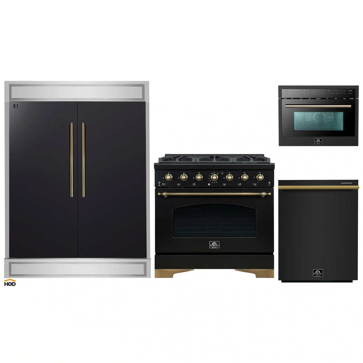 Forno 4-Piece Appliance Package - 36-Inch Dual Fuel Range, 60-Inch Convertible Refrigerator with Modern Trim, Dishwasher, and 24-Inch Microwave Oven in Black with Antique Brass Trim