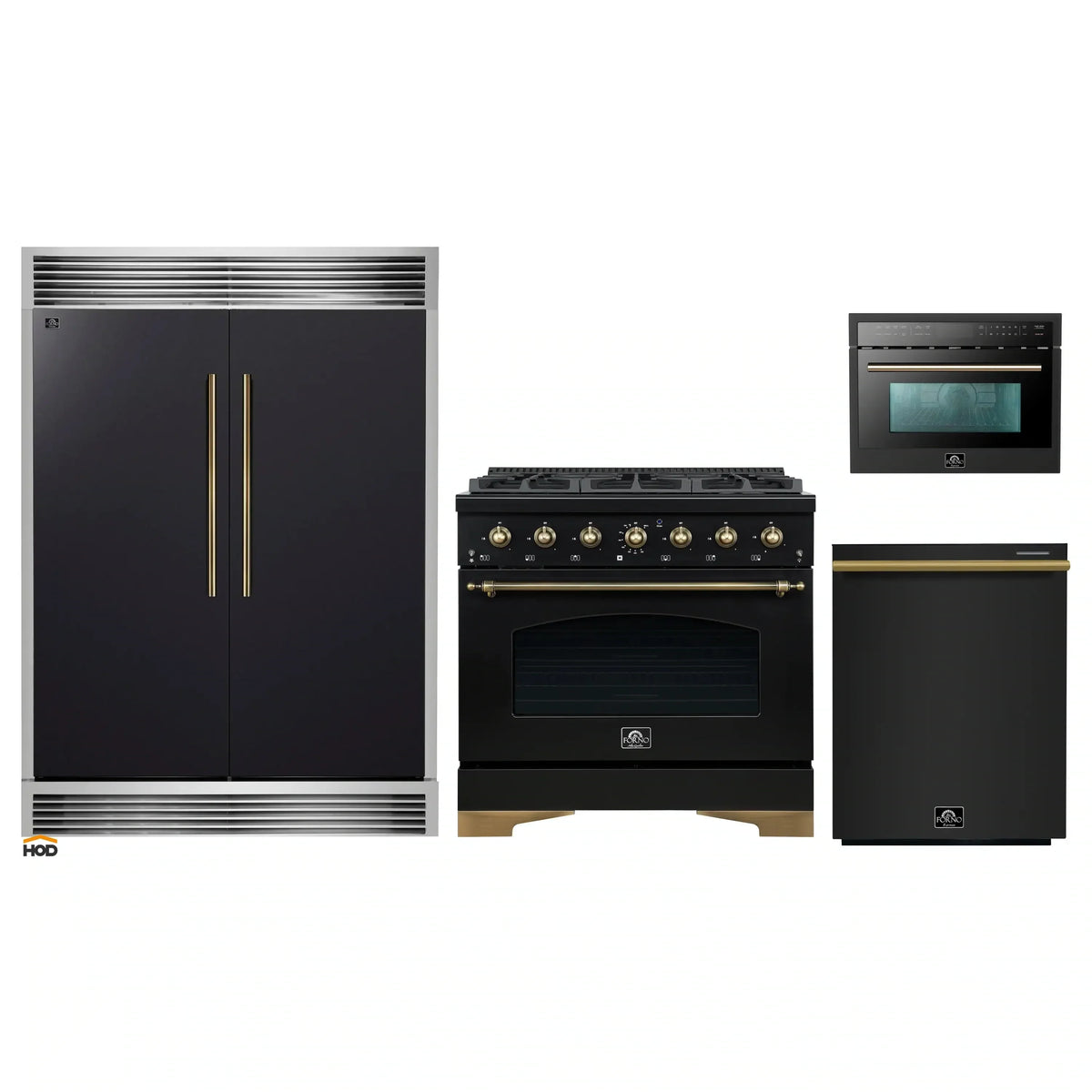 Forno 4-Piece Appliance Package - 36-Inch Dual Fuel Range, 60-Inch Convertible Refrigerator with Modern Grille Trim, Dishwasher, and 24-Inch Microwave Oven in Black with Antique Brass Trim