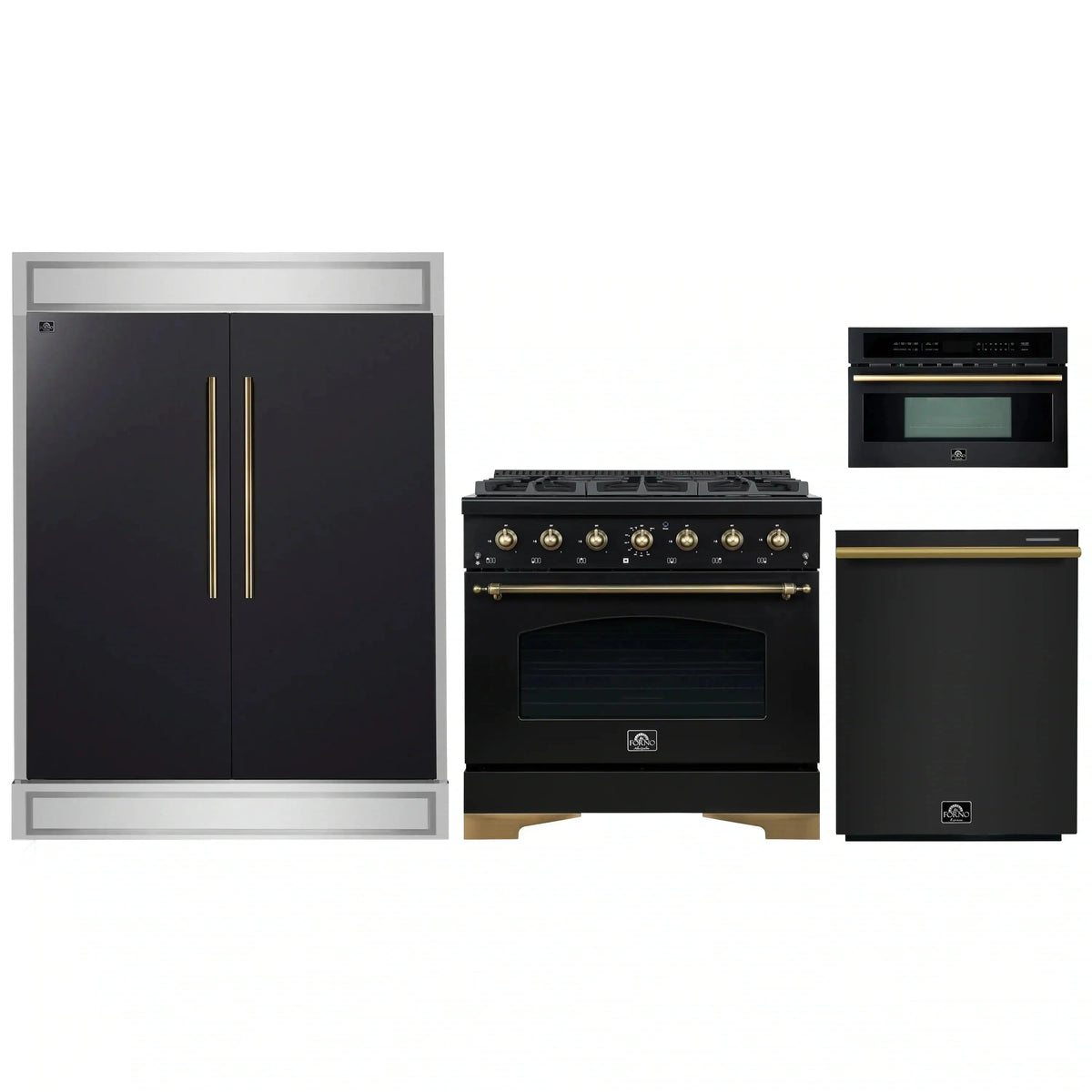 Forno 4-Piece Appliance Package: 36" Antico Dual Fuel Range, 30" Microwave Oven, 60" Modern Trim Refrigerator, Dishwasher, Black with Brass Trim