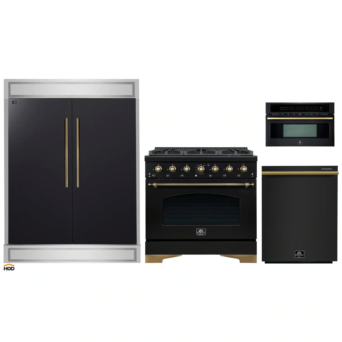 Forno 4-Piece Appliance Package - 36-Inch Dual Fuel Range, 60-Inch Convertible Refrigerator with Modern Trim, Dishwasher, and 30-Inch Microwave Oven in Black with Antique Brass Trim