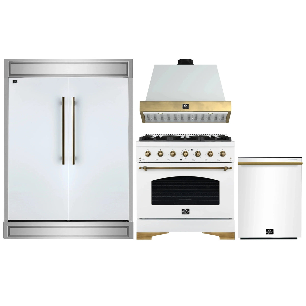 Forno 4-Piece Appliance Package: 36" Antico Dual Fuel Range, Wall-Mount Range Hood, 60" Refrigerator, Dishwasher, White with Antique Brass Trim