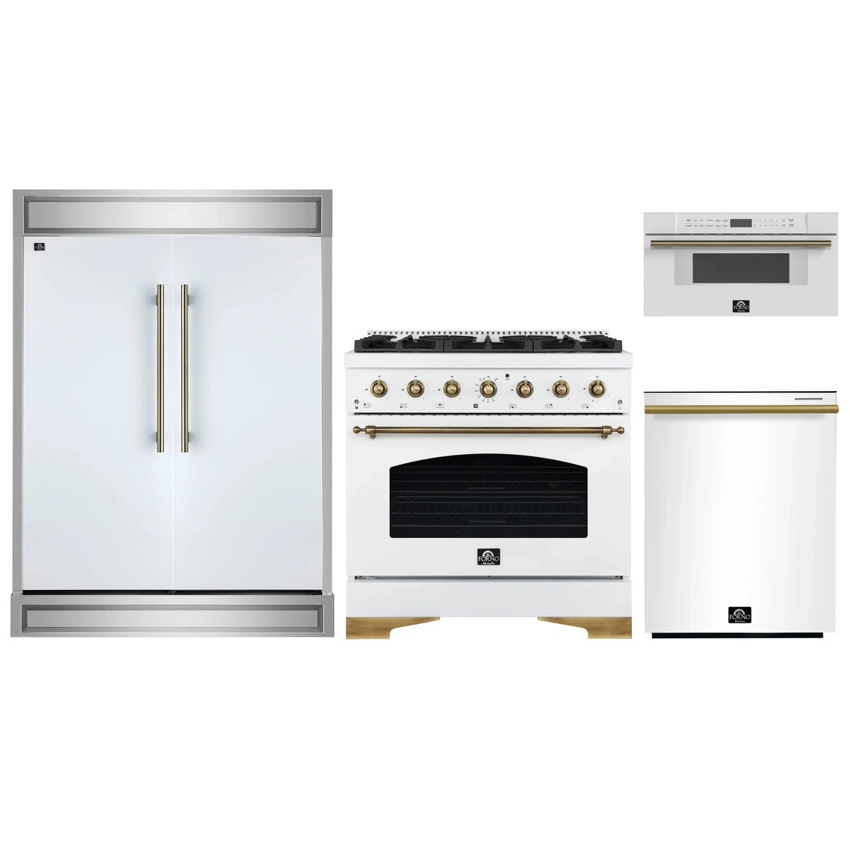 Forno 4-Piece Appliance Package: 36" Antico Dual Fuel Range, 30" Microwave Drawer, 60" Refrigerator, Dishwasher, White with Antique Brass Trim